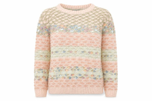 Front view of Warehouse women’s multicoloured round neck geometric polyester jumper, size UK 6