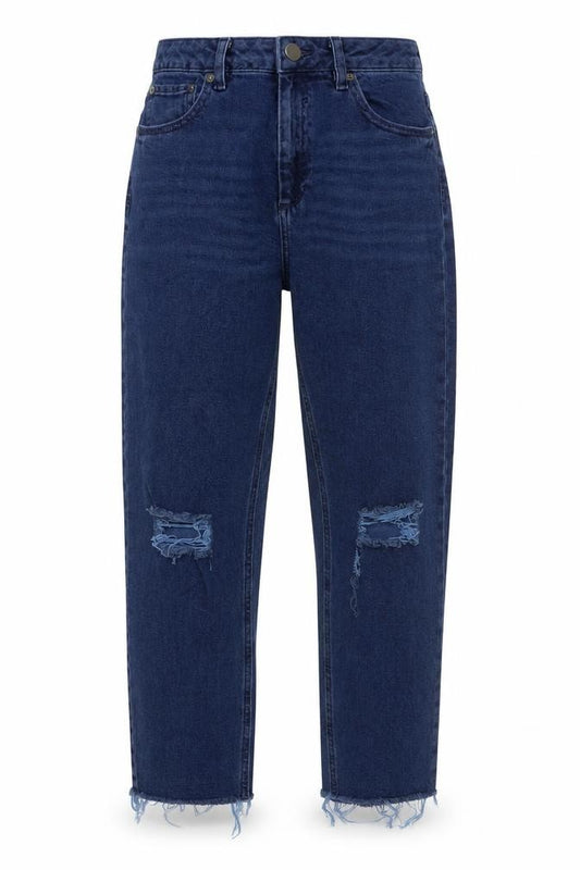 Front view of ASOS women’s blue cotton mom jeans, size UK 28, in, 30-inch leg regular button