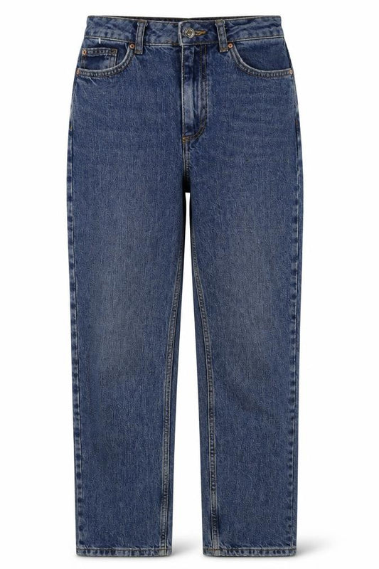 Front view of Denim & Co. women’s blue cotton mom jeans, size UK 8, 28-inch leg regular button