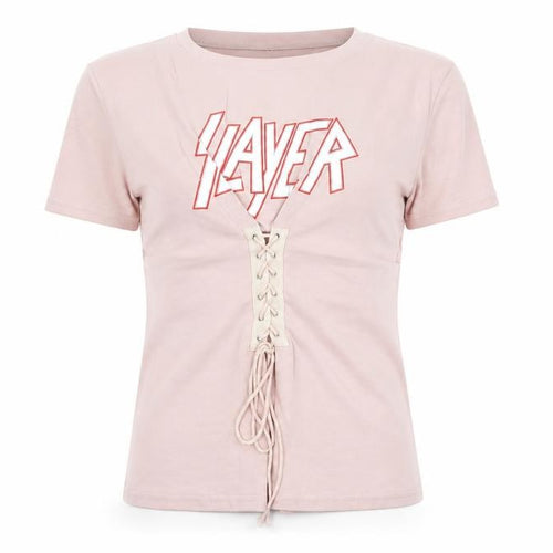 Eight Womens Pink Cotton Basic T-Shirt Size M Round Neck - Slayer Lace Up
