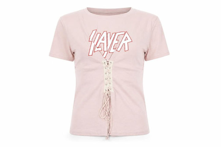 Eight Womens Pink Cotton Basic T-Shirt Size M Round Neck - Slayer Lace Up
