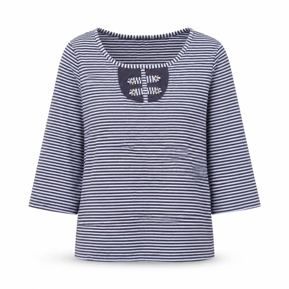 Front view of bonm women’s blue striped polyester basic t-shirt, size M, scoop neck
