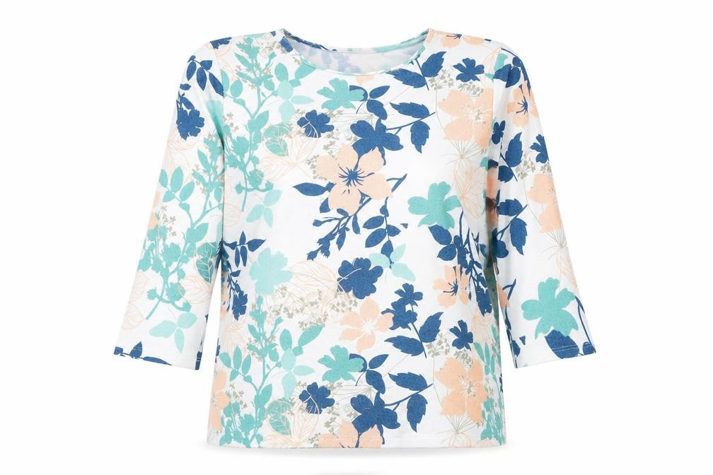 Front view of Bonmarché women’s multicoloured round neck floral polyester jumper, size UK 12