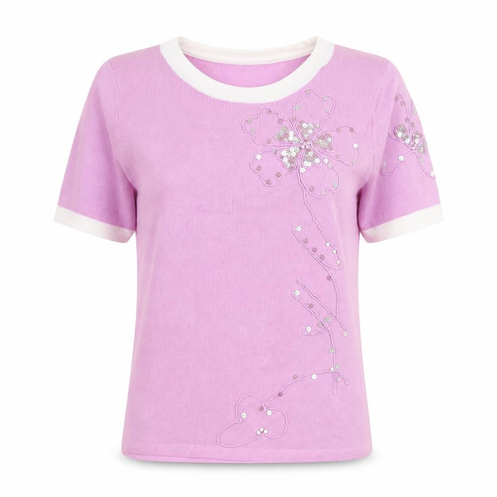 Front view of Eternal women’s pink nylon basic blouse, size UK 10, round neck - flower