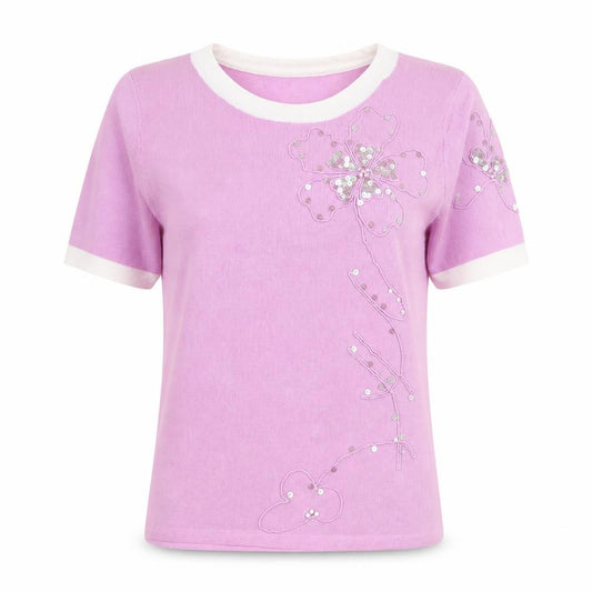 Front view of Eternal women’s pink nylon basic blouse, size UK 10, round neck - flower