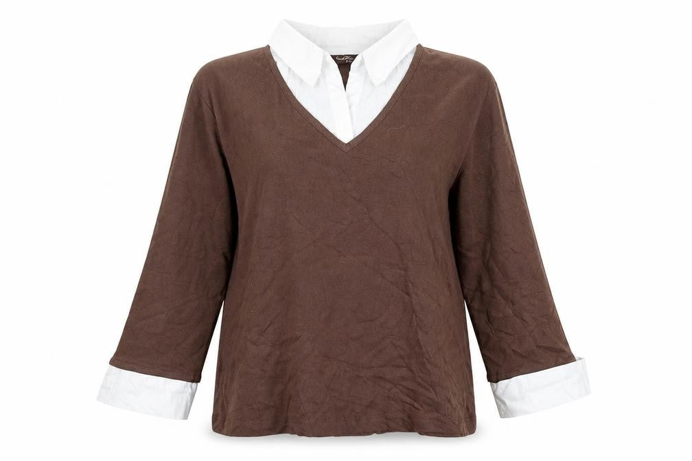 Front view of Sarah Hamilton women’s brown collared cotton jumper, size UK 14