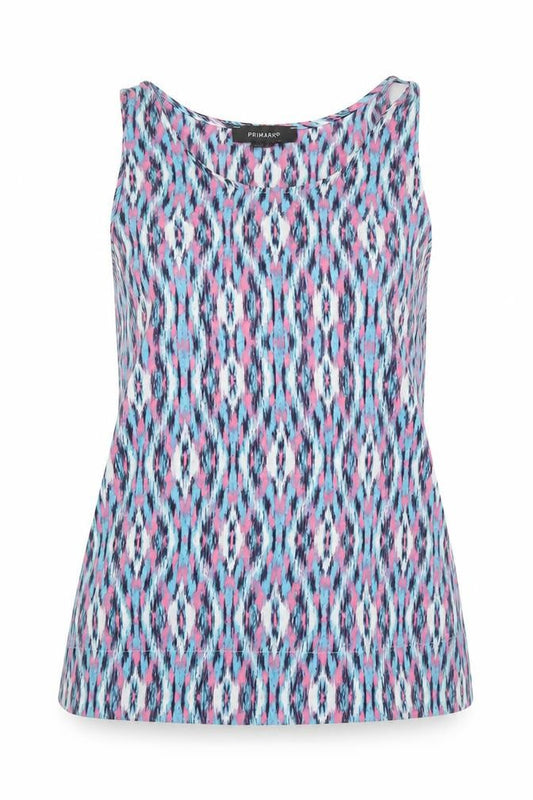 Front view of Primark women’s multicoloured geometric polyester basic tank, size UK 10, scoop neck