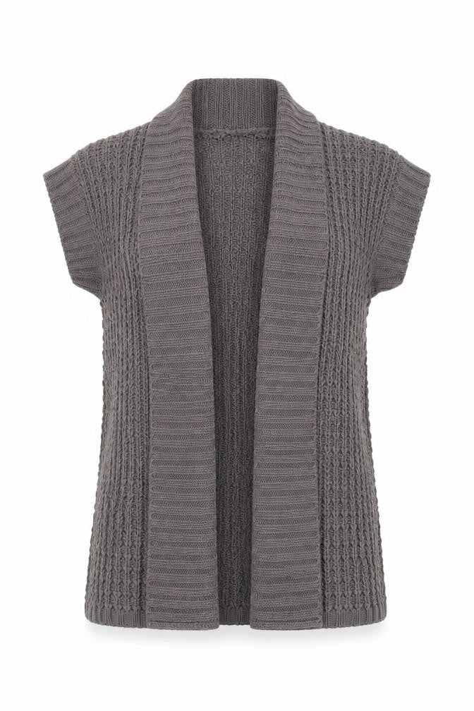 Front view of CMD women’s grey v-neck acrylic cardigan jumper, size M