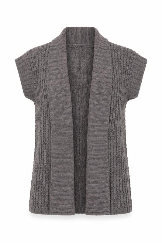 Front view of CMD women’s grey v-neck acrylic cardigan jumper, size M