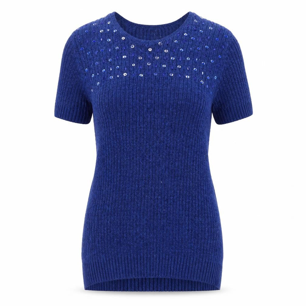 Front view of Saloos women’s blue round neck polyester jumper, size L