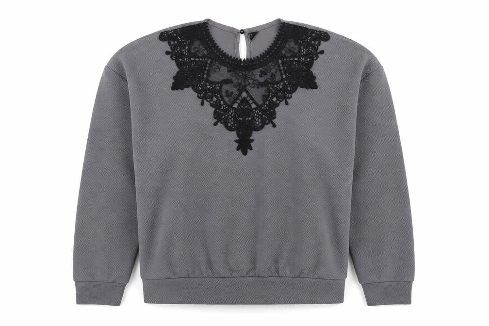 Front view of SHEIN women’s grey geometric polyester pullover sweatshirt, size L, button - lace detail