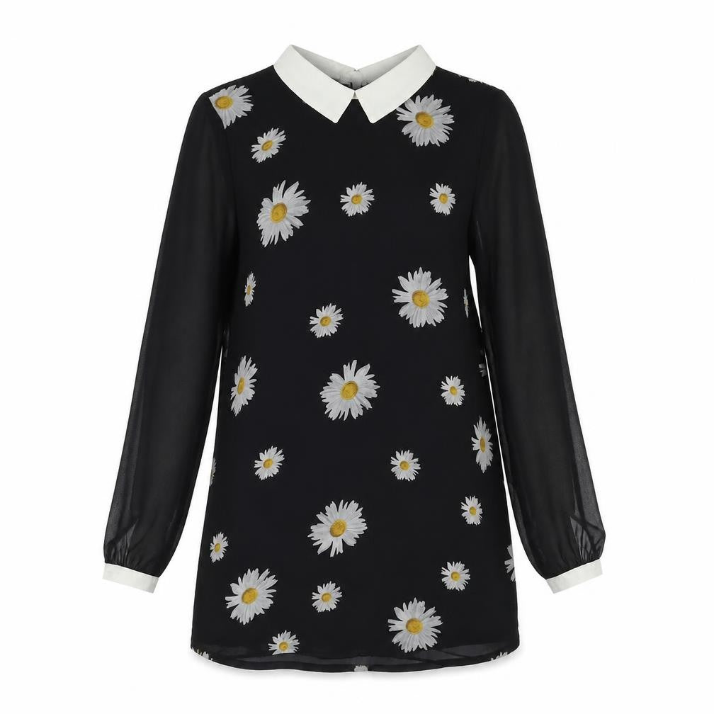 Front view of River Island women’s black floral polyester shirt dress, size UK 8, collared zip