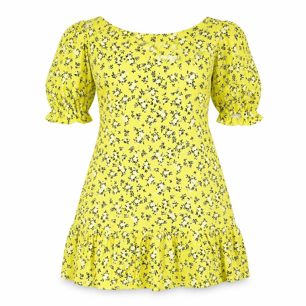Front view of PRETTYLITTLETHING women’s yellow floral viscose mini, size UK 6, off the shoulder pullover - cold shoulder