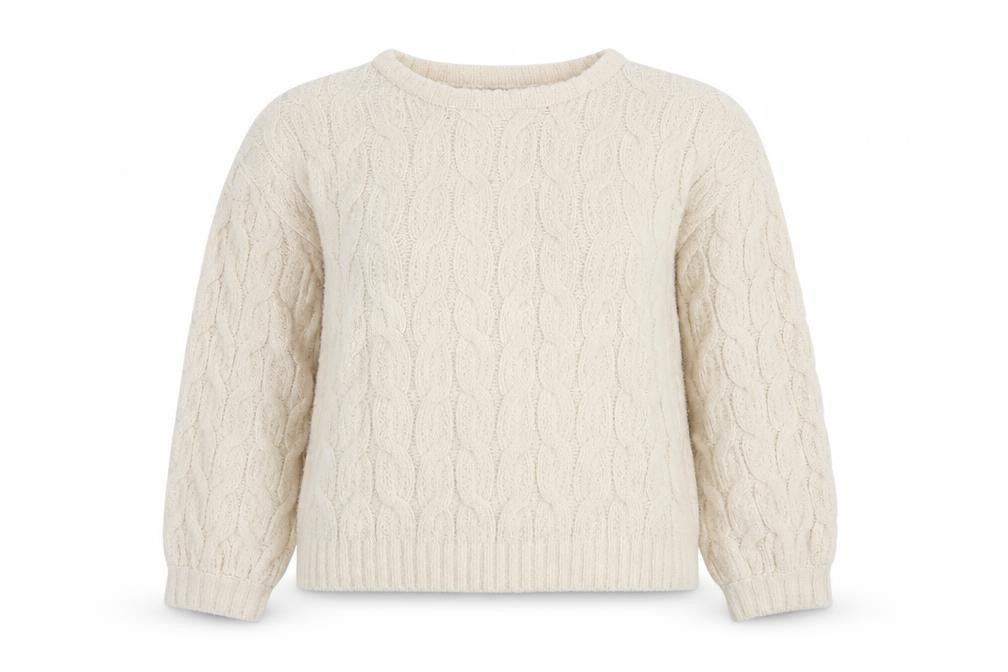Front view of moon & madison women’s ivory round neck polyester jumper, size S, - cropped jumper