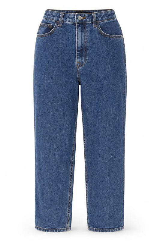 Front view of Object women’s blue cotton mom jeans, size M, 26-inch leg regular zip