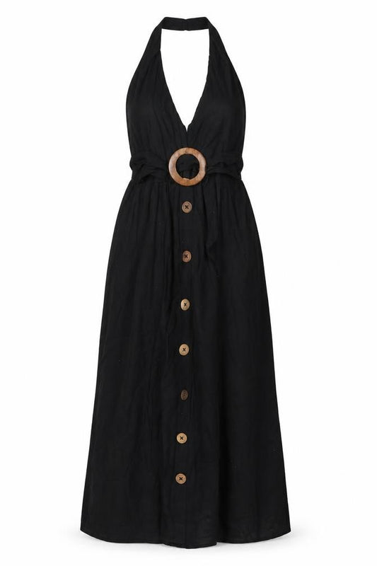 Front view of ASOS women’s black polyester slip dress, size UK 6, halter button