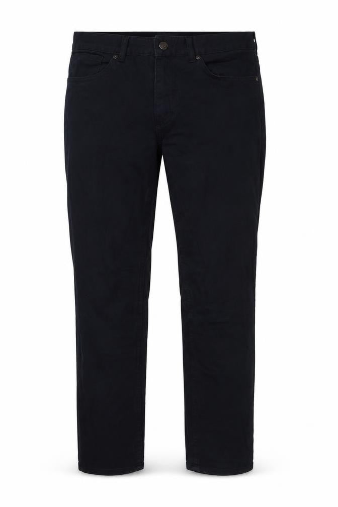 Front view of H&M women’s blue cotton trousers, size UK 30, in, 29-inch leg regular button