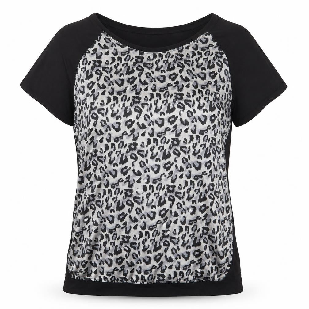 Front view of Papaya women’s black animal print polyester basic blouse, size UK 16, boat neck - leopard print