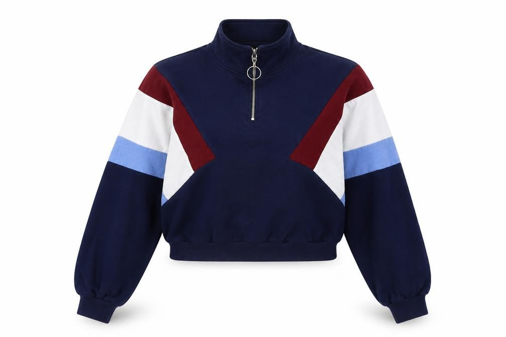Front view of H&M women’s blue colourblock polyester pullover sweatshirt, size S, zip