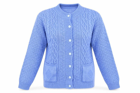 Front view of Insight women’s blue mock neck paisley acrylic cardigan jumper, size M
