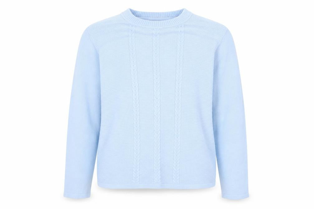 Front view of EWM women’s blue round neck acrylic jumper one size