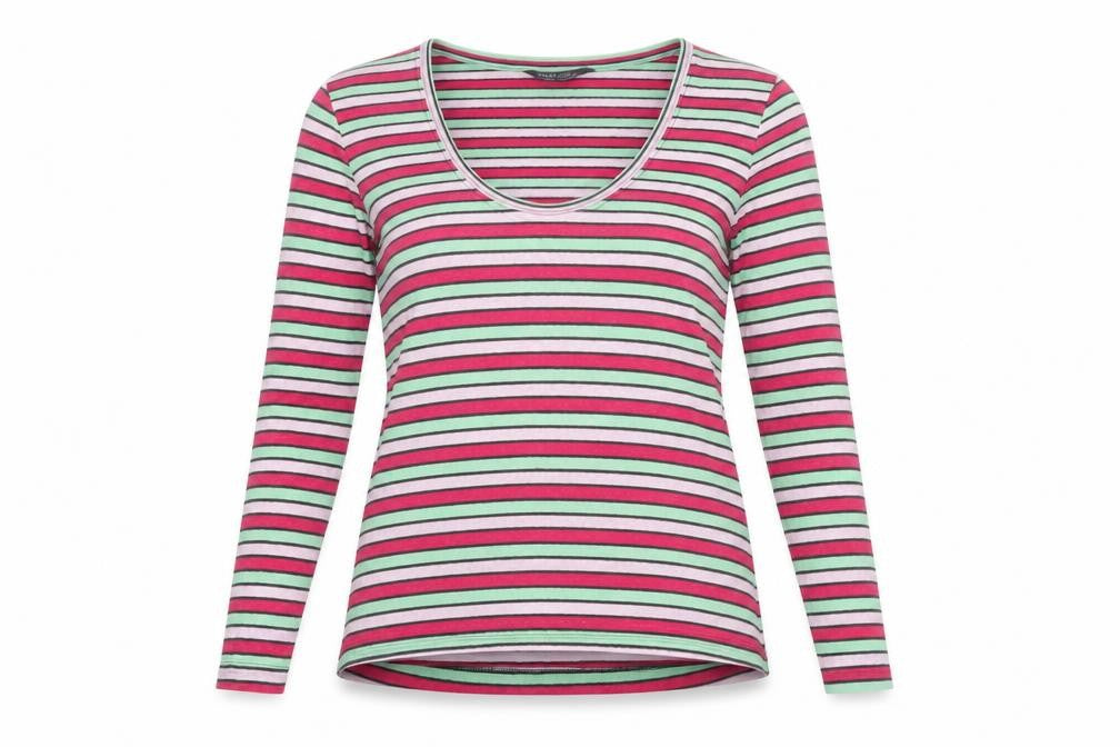 Marks and Spencer Womens Pink Striped Linen Basic T-Shirt Size 6 Scoop Neck