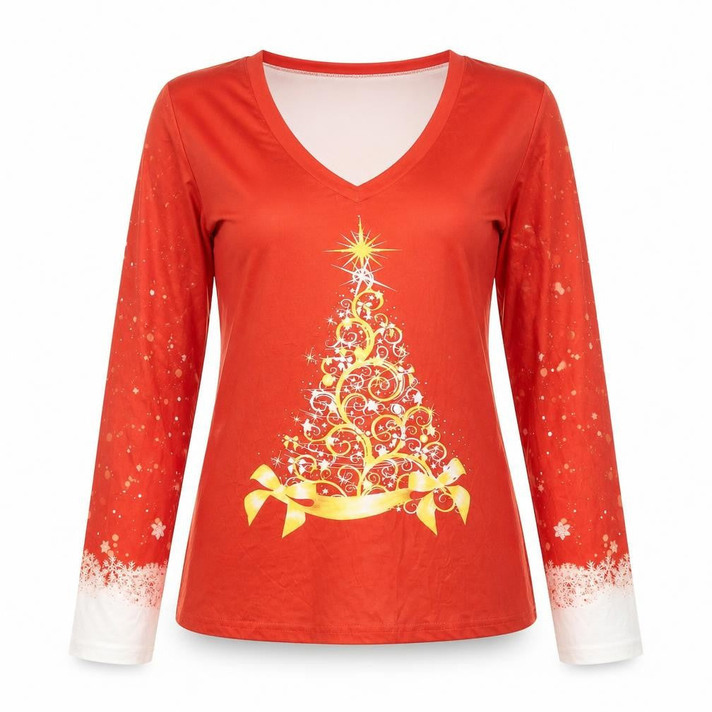 Front view of Chicme women’s red polyester basic t-shirt, size XL, v-neck - christmas tree