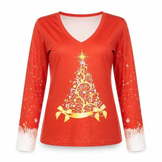 Front view of Chicme women’s red polyester basic t-shirt, size XL, v-neck - christmas tree
