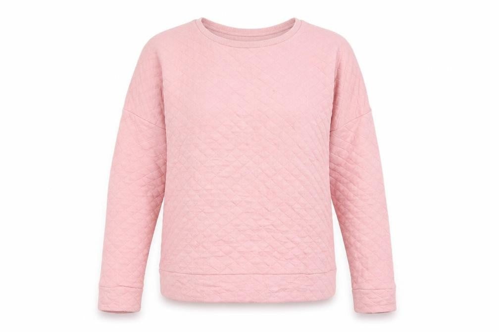 Front view of Peacocks women’s pink cotton pullover sweatshirt, size L, pullover