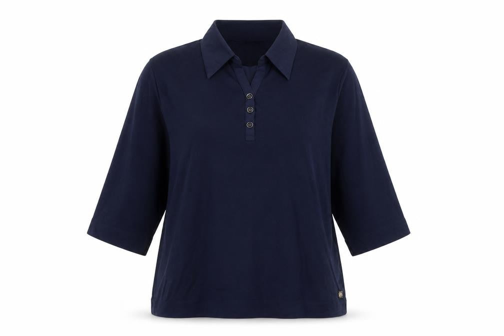 Front view of TIGI women’s blue collared cotton jumper, size UK 14