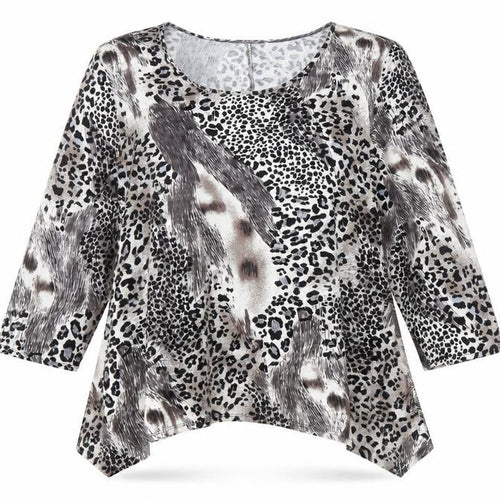 Saloos Womens Black Animal Print Viscose Jersey T-Shirt Size 2XL Scoop Neck - Leopard Print