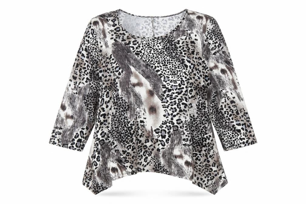 Saloos Womens Black Animal Print Viscose Jersey T-Shirt Size 2XL Scoop Neck - Leopard Print
