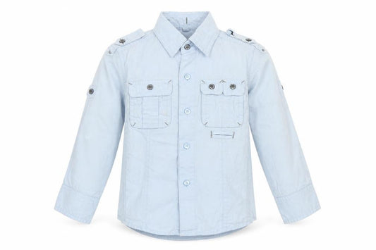 Front view of Next boys’ blue cotton basic button-up, size 3, years collared button