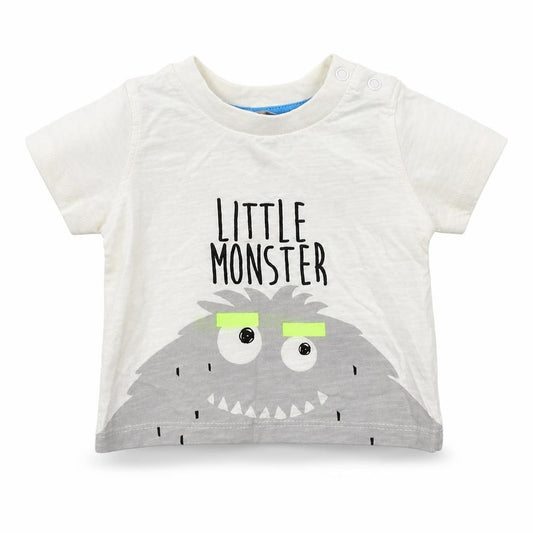Front view of Primark boys’ white cotton basic t-shirt, size 6-9, months round neck snap - little monster