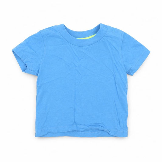Front view of Primark boys’ blue cotton basic t-shirt, size 6-9, months round neck snap