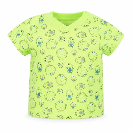 Front view of Primark boys’ yellow geometric cotton basic t-shirt, size 6-9, months round neck snap - monsters