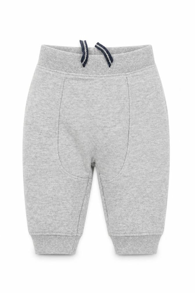 Front view of Peacocks Baby Grey Polyester Jogger Trousers, size 3-6, Months Drawstring