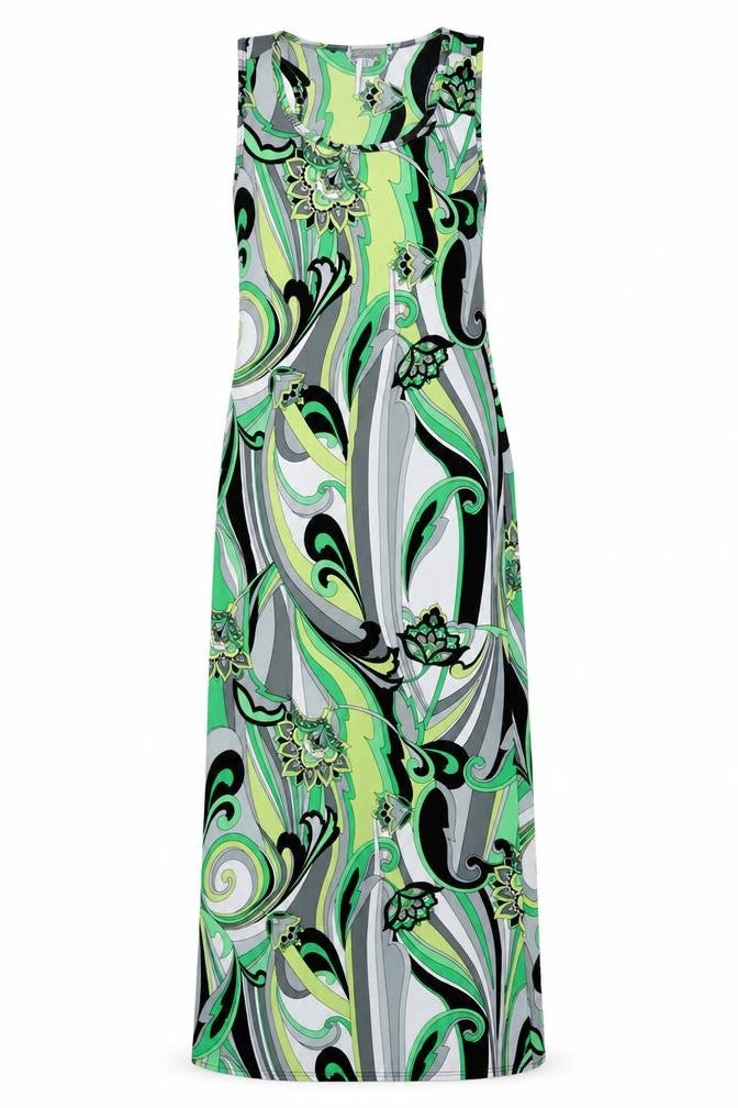 Front view of Red Chilli women’s green geometric polyester bodycon, size UK 10, scoop neck pullover