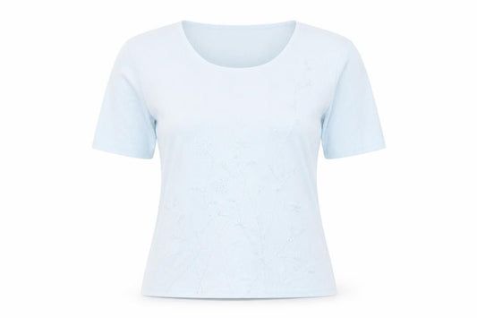 Front view of Karen Scott women’s blue viscose basic t-shirt, size UK 10, round neck