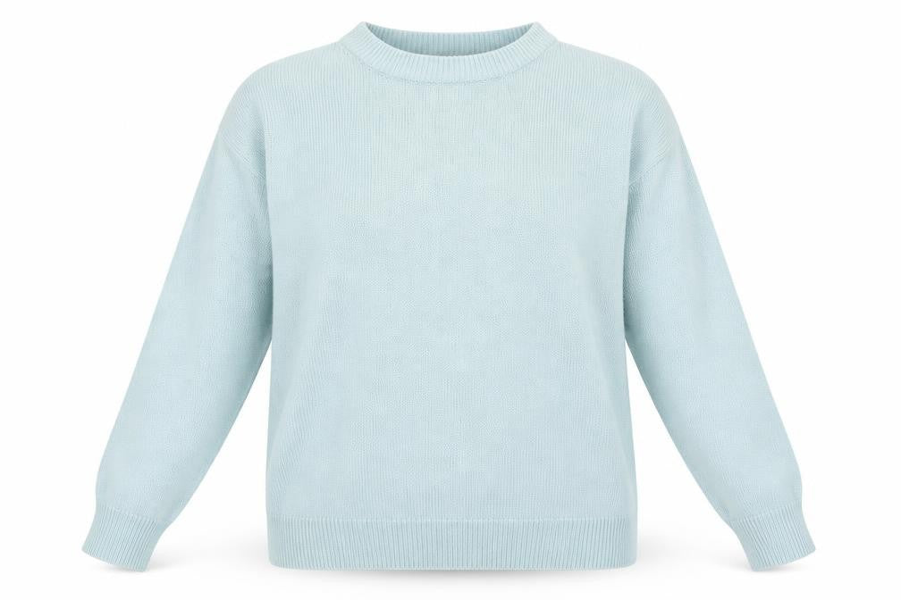 Front view of Damart women’s blue crew neck polyester jumper, size M