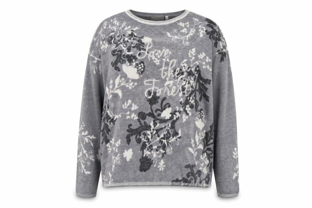 Front view of Canada women’s grey round neck geometric nylon jumper, size M