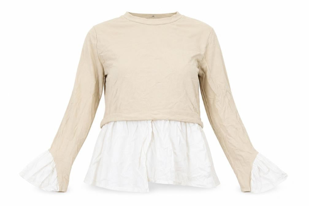 Front view of PRETTYLITTLETHING women’s beige cotton basic t-shirt, size UK 6, round neck