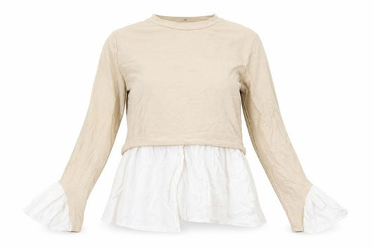 Front view of PRETTYLITTLETHING women’s beige cotton basic t-shirt, size UK 6, round neck