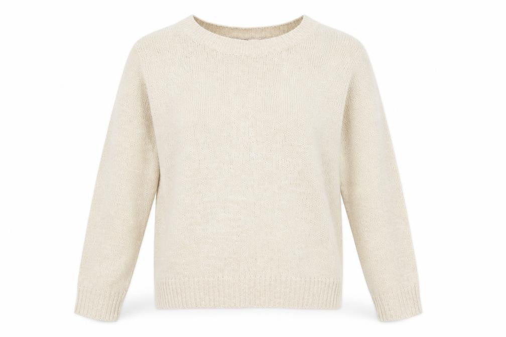 Front view of H&M women’s beige round neck acrylic jumper, size M