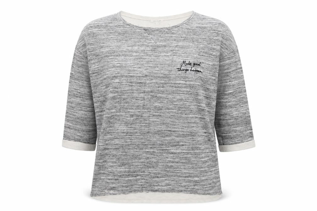 Front view of River Island women’s grey cotton basic t-shirt, size UK 8, scoop neck - make good things happen.