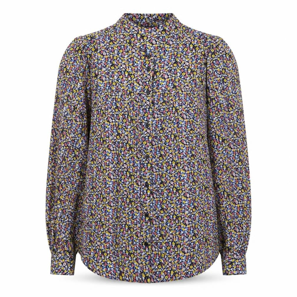 Front view of Marks & Spencer women’s multicoloured floral viscose basic button-up, size UK 10, round neck
