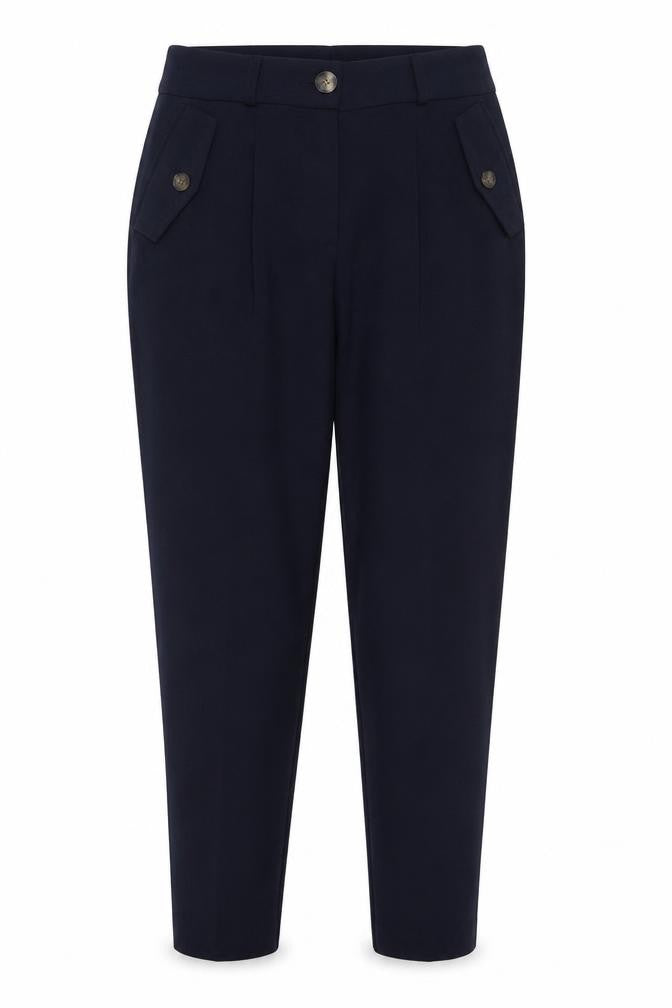 Front view of Peacocks women’s blue polyester trousers, size UK 8, 27-inch leg regular zip