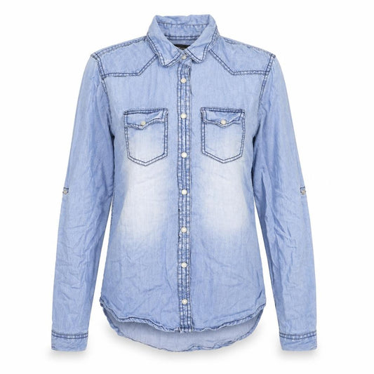 Front view of PRETTYLITTLETHING women’s blue cotton basic button-up, size UK 6, collared