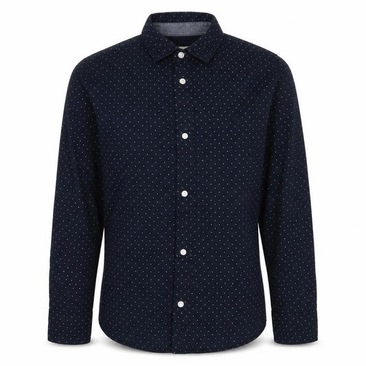 Front view of Label of Graded Goods boys’ blue polka dot 100% cotton basic button-up, size 11-12, years collared button