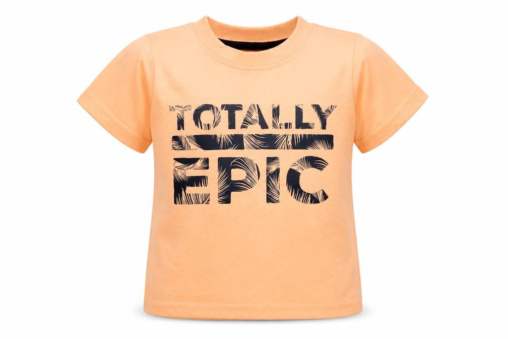 Front view of Primark boys’ orange polyester basic t-shirt, size 9-12, months round neck pullover - totally epic